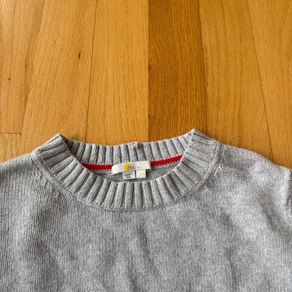 Boden Angelica Sweater Gray W/Red & Blue Ties On Sleeves Knit Crewneck Large - Picture 6 of 7